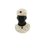 Light gold and rodhium with white crystals, black resin and ruby stones