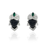 VENETIAN MORETTO - VENETIAN MORETTO is an important earring with the shape of  the classic Venetian Moretto, composed by rodhium and crystal with emeraid navette and black enamel. - A.Z. Bigiotterie